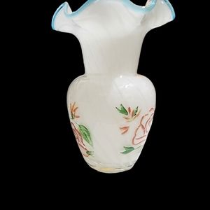 Vintage blown glass teleflora vase with swirls and painted roses